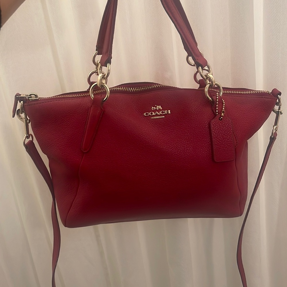 Red pebble leather soft leather coach bag